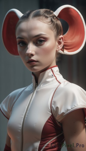 1girl,solo,breasts,looking at viewer,short hair,simple background,black hair,animal ears,brown eyes,upper body,short sleeves,small breasts,parted lips,hair bun,mole,black eyes,lips,grey eyes,forehead,zipper,freckles,realistic,mouse ears,blonde hair,brown hair,bodysuit,makeup,nose