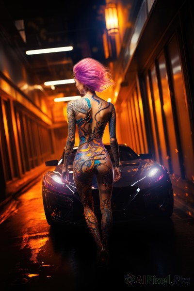 1girl,solo,short hair,standing,full body,pink hair,ass,nude,from behind,blurry,bodysuit,tattoo,night,back,ground vehicle,motor vehicle,car,road,arm tattoo,cyberpunk,back tattoo,full-body tattoo,on vehicle,breasts,purple hair,backlighting,walking,nose,very short hair,street,neon lights