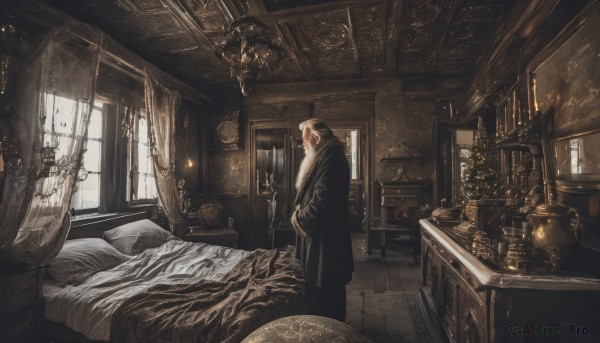 solo,brown hair,long sleeves,1boy,standing,male focus,day,indoors,from side,coat,pillow,dutch angle,window,bed,facial hair,on bed,chair,table,sunlight,plant,curtains,scenery,light particles,black coat,robe,wooden floor,potted plant,lamp,candle,ceiling,carpet,drawer,candlestand,black robe,cabinet,chandelier,tablecloth,chest of drawers,hood,book,profile,clock,old,old man,painting (object)