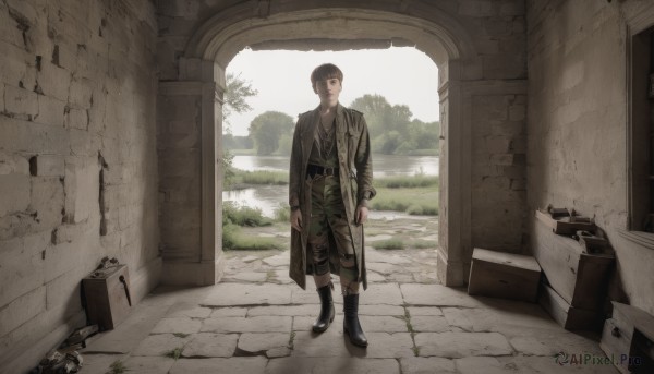 solo,looking at viewer,short hair,brown hair,shirt,black hair,long sleeves,1boy,brown eyes,closed mouth,standing,jacket,full body,weapon,male focus,boots,outdoors,open clothes,day,belt,pants,black footwear,tree,coat,gun,window,grass,brown jacket,door,ruins,brown coat,suitcase,bangs,holding,indoors,looking to the side,staff,box,scenery,open coat,cane,overgrown