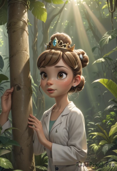 1girl,solo,blush,short hair,open mouth,brown hair,shirt,hair ornament,long sleeves,brown eyes,jewelry,upper body,earrings,outdoors,parted lips,teeth,solo focus,day,hair bun,tree,lips,leaf,sunlight,single hair bun,tiara,crown,plant,child,nature,forest,freckles,light rays,labcoat,stud earrings,sunbeam,vines,bangs,watermark,gem,web address,green shirt