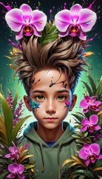 solo,looking at viewer,short hair,brown hair,hair ornament,1boy,brown eyes,closed mouth,yellow eyes,upper body,flower,male focus,artist name,hair flower,dark skin,hood,lips,gradient,gradient background,hoodie,leaf,facial mark,hood down,bug,plant,butterfly,portrait,pink flower,freckles,green background,realistic,nose,purple flower,drawstring,male child,green hoodie,spiked hair,facepaint