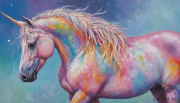 solo,long hair,blonde hair,1boy,male focus,horns,from side,no humans,blue background,traditional media,single horn,confetti,painting (medium),watercolor (medium),horse,colorful,horseback riding,unicorn,multicolored hair,sky,animal,realistic,animal focus