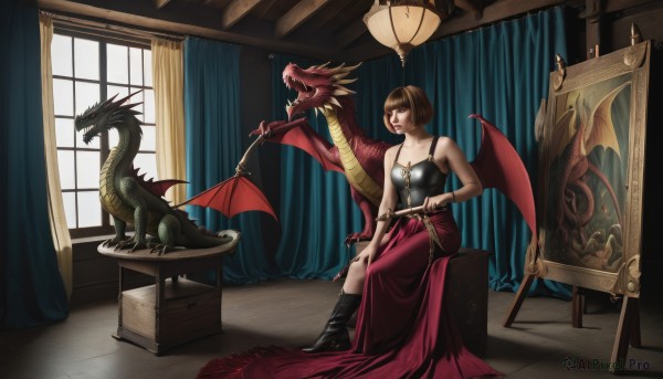 1girl,solo,breasts,short hair,skirt,brown hair,red eyes,cleavage,bare shoulders,brown eyes,jewelry,sitting,boots,wings,indoors,necklace,window,makeup,red skirt,chair,bob cut,lipstick,curtains,long skirt,mirror,dragon,dragon wings,dress,medium breasts,weapon,gun,box