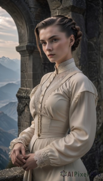 1girl,solo,breasts,looking at viewer,short hair,blue eyes,brown hair,black hair,long sleeves,dress,brown eyes,medium breasts,closed mouth,standing,braid,cowboy shot,outdoors,sky,day,puffy sleeves,white dress,lips,own hands together,mountain,realistic,upper body,parted lips,lace