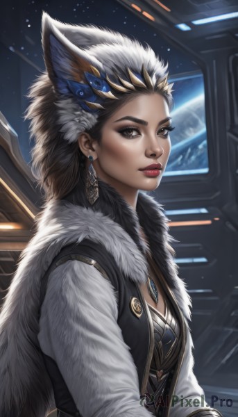 1girl,solo,long hair,breasts,looking at viewer,brown hair,black hair,hair ornament,gloves,long sleeves,animal ears,cleavage,brown eyes,jewelry,medium breasts,closed mouth,upper body,earrings,small breasts,signature,necklace,vest,from side,lips,fur trim,makeup,lipstick,eyeshadow,science fiction,fur collar,realistic,nose,red lips,space,pelt,short hair,eyelashes,star (sky),freckles,planet,spacecraft