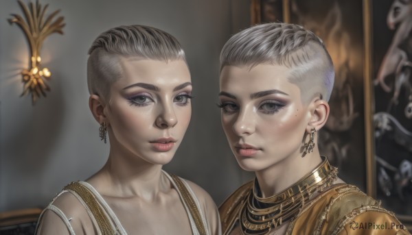 looking at viewer,short hair,multiple girls,2girls,jewelry,closed mouth,grey hair,earrings,mole,lips,grey eyes,mole under eye,makeup,siblings,sisters,portrait,eyeshadow,twins,realistic,very short hair,portrait (object),brown hair,brown eyes,undercut,symmetry