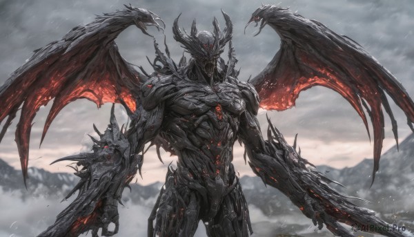 solo,red eyes,1boy,holding,standing,weapon,male focus,cowboy shot,outdoors,wings,horns,sky,sword,cloud,holding weapon,armor,no humans,glowing,cloudy sky,glowing eyes,claws,demon wings,monster,mountain,extra eyes,demon,fog,grey sky,arm blade,looking at viewer,spikes,dragon,dragon wings,multiple wings,large wings