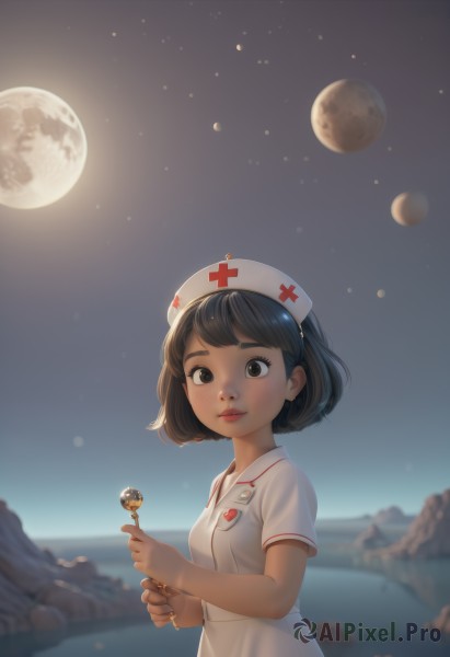 1girl,solo,breasts,looking at viewer,smile,short hair,bangs,brown hair,black hair,hat,dress,holding,brown eyes,closed mouth,upper body,flower,short sleeves,small breasts,outdoors,sky,artist name,water,white dress,blurry,black eyes,lips,night,blurry background,moon,bob cut,cross,star (sky),night sky,full moon,starry sky,backlighting,rock,nurse cap,holding flower,red lips,nurse,red cross,parted lips,nose