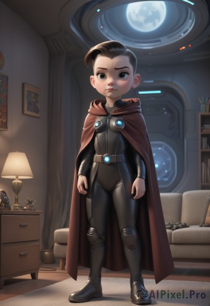 1girl,solo,looking at viewer,short hair,brown hair,black hair,1boy,brown eyes,standing,full body,male focus,boots,indoors,cape,black eyes,lips,bodysuit,moon,aged down,child,couch,cloak,science fiction,realistic,black bodysuit,red cape,female child,lamp,male child,animification,superhero,closed mouth,belt,armor,book,night,serious,portrait (object)