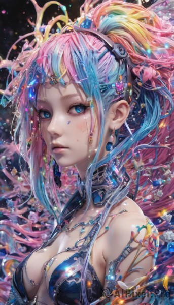 1girl,solo,long hair,breasts,looking at viewer,bangs,blue eyes,hair ornament,cleavage,bare shoulders,jewelry,medium breasts,closed mouth,blue hair,collarbone,upper body,ponytail,pink hair,multicolored hair,earrings,parted lips,artist name,necklace,nail polish,two-tone hair,lips,eyelashes,aqua hair,gradient hair,makeup,headgear,gem,blue nails,fish,circlet,pink lips,nose,mascara,coral,blush,blonde hair,dress,flower,mole,from side,petals,tattoo,watermark,web address,freckles