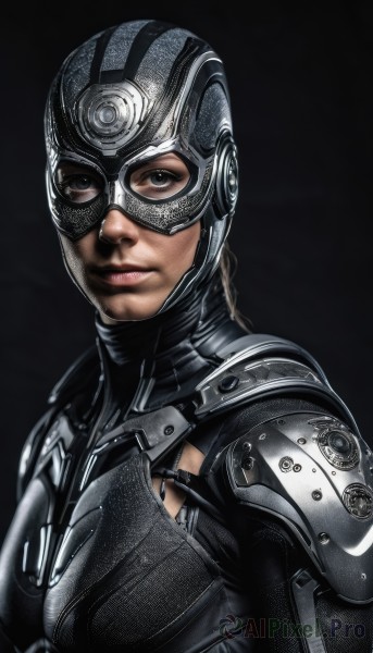 1girl,solo,breasts,looking at viewer,simple background,brown eyes,closed mouth,upper body,armor,black eyes,lips,bodysuit,mask,helmet,black background,science fiction,breastplate,realistic,nose,shoulder pads,alien