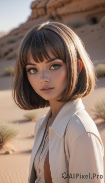 1girl,solo,looking at viewer,smile,short hair,bangs,brown hair,shirt,black hair,brown eyes,white shirt,upper body,outdoors,parted lips,open clothes,teeth,day,collared shirt,artist name,signature,blurry,lips,looking to the side,eyelashes,dress shirt,depth of field,blurry background,bob cut,ground vehicle,motor vehicle,pink lips,realistic,nose,desert,breasts,small breasts,sky,blunt bangs,from side,open shirt,makeup,sunlight,unbuttoned