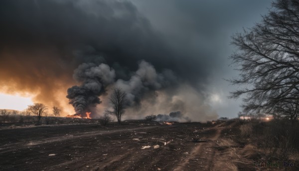 outdoors,sky,cloud,tree,no humans,cloudy sky,fire,building,scenery,smoke,road,bare tree,burning,military,grass,ground vehicle,nature,motor vehicle,forest,military vehicle,tank,campfire