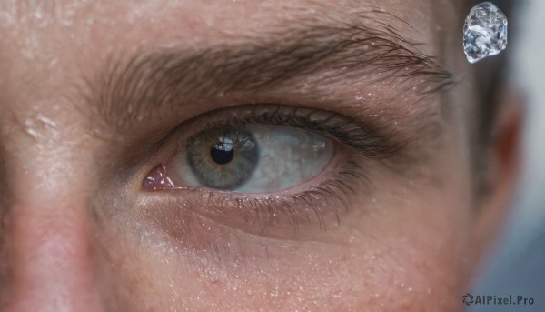 solo,looking at viewer,blue eyes,1boy,male focus,blurry,eyelashes,depth of field,blurry background,gem,close-up,1other,reflection,realistic,eye focus