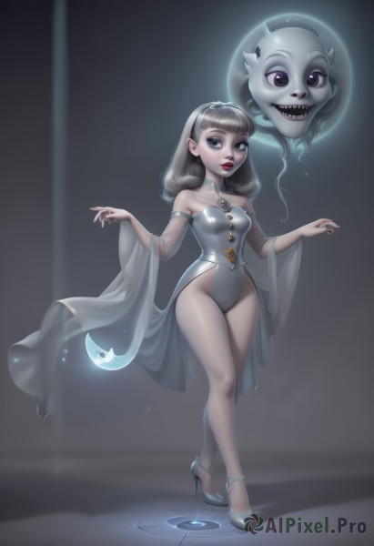 1girl,solo,long hair,breasts,looking at viewer,smile,open mouth,bangs,blue eyes,bare shoulders,jewelry,medium breasts,standing,collarbone,full body,grey hair,thighs,hairband,earrings,small breasts,parted lips,detached sleeves,shoes,teeth,artist name,wide sleeves,blunt bangs,medium hair,off shoulder,nail polish,high heels,leotard,lips,see-through,grey eyes,makeup,detached collar,highleg,white footwear,crossed legs,sharp teeth,lipstick,crescent,black nails,highleg leotard,eyeshadow,floating,personification,ghost,red lips,grey footwear,dark background,watson cross,reflective floor,grey nails,grey leotard,dress,necklace,legs,hands up,eyelashes,bare legs,strapless,shadow,watermark,pendant,strapless leotard,white leotard