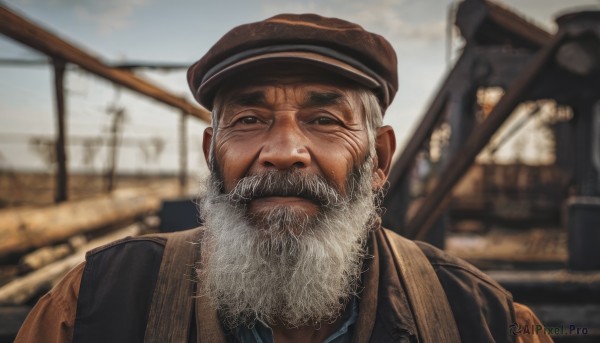 solo,looking at viewer,1boy,hat,closed mouth,upper body,white hair,grey hair,male focus,outdoors,sky,day,blurry,black eyes,military,blurry background,facial hair,portrait,beard,mature male,realistic,mustache,brown headwear,manly,old,old man,shirt,jacket,white shirt,necktie,bag,vest,lips,depth of field,scar,thick eyebrows,backpack,ground vehicle,scar on face,brown jacket