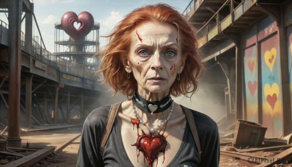 HQ,1girl,solo,breasts,looking at viewer,short hair,blue eyes,brown hair,shirt,cleavage,jewelry,medium breasts,collarbone,upper body,heart,earrings,outdoors,parted lips,sky,choker,day,cloud,necklace,bag,orange hair,collar,lips,blood,pendant,blood on face,realistic,nose,blonde hair,artist name,black shirt,makeup,portrait,veins,injury,heart choker