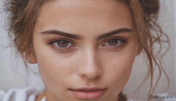 1girl,solo,looking at viewer,short hair,brown hair,brown eyes,jewelry,closed mouth,earrings,artist name,mole,blurry,lips,eyelashes,watermark,piercing,portrait,close-up,freckles,realistic,nose,mole on cheek