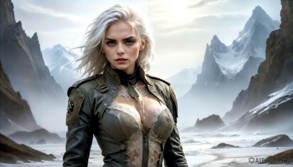 HQ,1girl,solo,long hair,breasts,looking at viewer,blue eyes,large breasts,cleavage,medium breasts,jacket,upper body,white hair,outdoors,parted lips,open clothes,sky,day,artist name,cloud,medium hair,uniform,lips,bodysuit,makeup,sunlight,cloudy sky,lipstick,snow,mountain,realistic,blonde hair,jewelry,earrings,bra,mole,wind,eyeshadow,leather