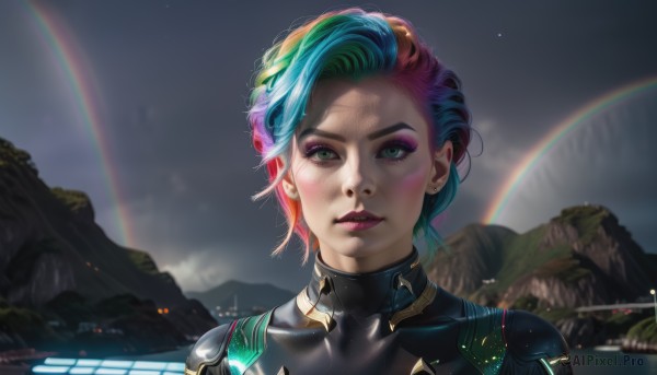 1girl,solo,looking at viewer,smile,short hair,bangs,closed mouth,green eyes,blue hair,upper body,pink hair,multicolored hair,outdoors,green hair,sky,shiny,artist name,two-tone hair,lips,bodysuit,makeup,watermark,lipstick,portrait,web address,eyeshadow,freckles,science fiction,mountain,realistic,nose,black bodysuit,red lips,rainbow,cyborg,cyberpunk,rainbow hair,jewelry,earrings,parted lips,cloud,armor,scar,eyeliner,mascara