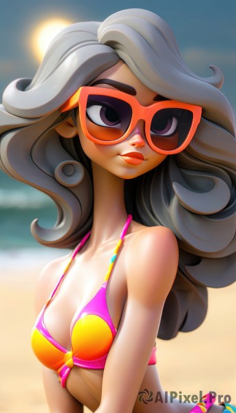 1girl,solo,long hair,breasts,looking at viewer,smile,navel,cleavage,bare shoulders,medium breasts,closed mouth,purple eyes,collarbone,swimsuit,upper body,grey hair,bikini,small breasts,outdoors,sky,day,blurry,lips,makeup,blurry background,ocean,wavy hair,beach,sunglasses,lipstick,multicolored clothes,eyeshadow,curly hair,pink bikini,red lips,yellow bikini,tinted eyewear,multicolored bikini,black hair,artist name,black eyes,sunlight,denim,lens flare,backlighting,sun