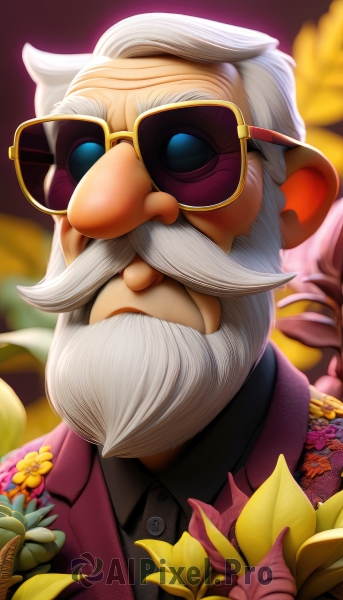 solo,looking at viewer,blue eyes,shirt,1boy,closed mouth,jacket,upper body,flower,white hair,male focus,collared shirt,artist name,blurry,black shirt,buttons,blurry background,facial hair,sunglasses,beard,yellow flower,mustache,purple flower,purple jacket,old,old man,glasses,depth of field,portrait,yellow-framed eyewear