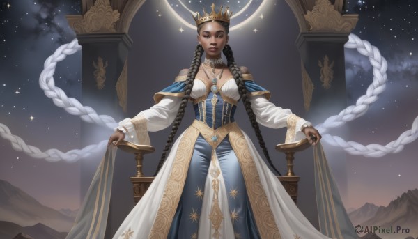 1girl,solo,long hair,breasts,looking at viewer,black hair,long sleeves,dress,brown eyes,jewelry,medium breasts,very long hair,standing,braid,earrings,sky,artist name,dark skin,necklace,white dress,twin braids,dark-skinned female,lips,night,watermark,ring,crown,star (sky),night sky,starry sky,gold trim,mountain,absurdly long hair,throne,multiple braids,twintails,white hair,multicolored hair,cape,nail polish,two-tone hair,facial mark,black nails,forehead mark,gold choker