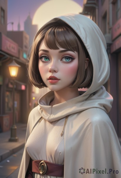 1girl,solo,breasts,looking at viewer,blush,short hair,bangs,blue eyes,brown hair,dress,green eyes,upper body,small breasts,outdoors,parted lips,belt,artist name,hood,cape,white dress,blurry,covered nipples,aqua eyes,lips,eyelashes,makeup,capelet,night,depth of field,blurry background,bob cut,building,cloak,hood up,freckles,city,nose,red lips,road,white cape,hooded cloak,lamppost,street,teeth,blunt bangs,hoodie,swept bangs,thick eyebrows,realistic,white hoodie,mascara