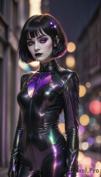 1girl,solo,breasts,looking at viewer,short hair,bangs,black hair,hair ornament,gloves,long sleeves,jewelry,medium breasts,standing,purple eyes,multicolored hair,cowboy shot,outdoors,black gloves,shiny,artist name,blunt bangs,blurry,two-tone hair,lips,bodysuit,makeup,depth of field,blurry background,piercing,bob cut,lipstick,skin tight,eyeshadow,zipper,shiny clothes,realistic,nose,arms at sides,black bodysuit,eyeliner,latex,purple lips,mascara,black lips,latex bodysuit,closed mouth,earrings,hairclip,signature,eyelashes,night,colored skin,watermark,thick eyebrows,building,pale skin,black nails,city