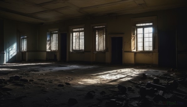 day,indoors,no humans,window,shadow,sunlight,box,scenery,light rays,door,ruins,hallway,broken window,gun,light,dark,broken,floor