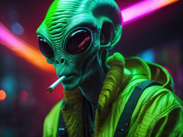 solo,1boy,jacket,upper body,male focus,artist name,signature,hood,blurry,vest,mask,depth of field,blurry background,colored skin,mouth hold,goggles,portrait,science fiction,cigarette,green jacket,realistic,smoking,cyborg,cyberpunk,backpack,alien,neon lights,laser