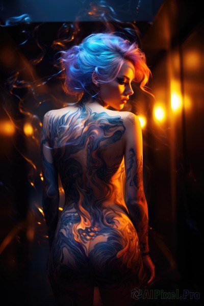 1girl,solo,looking at viewer,short hair,blue eyes,jewelry,closed mouth,blue hair,standing,ass,nude,cowboy shot,earrings,looking back,hair bun,from behind,blurry,completely nude,tattoo,makeup,night,blurry background,back,piercing,single hair bun,fire,ear piercing,stud earrings,arm tattoo,back tattoo,full-body tattoo,closed eyes,bracelet,lips,glowing,smoke,nose,updo