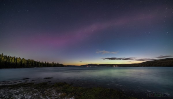 outdoors,sky,cloud,water,tree,no humans,night,grass,star (sky),nature,night sky,scenery,forest,starry sky,reflection,sunset,horizon,river,landscape,lake,ocean,mountain,shore