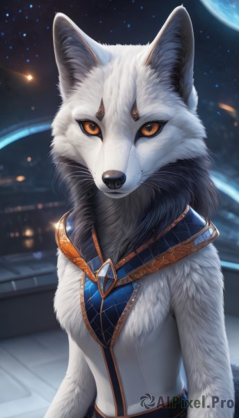 1girl,solo,breasts,looking at viewer,animal ears,jewelry,closed mouth,upper body,outdoors,sky,belt,artist name,signature,blurry,orange eyes,night,blurry background,watermark,brooch,gem,star (sky),furry,starry sky,colored sclera,fur collar,furry female,space,body fur,white fur,forehead jewel,planet,wolf,black fur,fluffy,medium breasts,no humans,moon,wolf ears,night sky,full moon