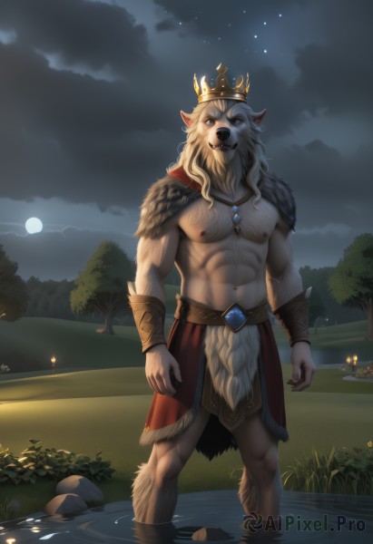 solo,long hair,looking at viewer,blonde hair,1boy,navel,animal ears,jewelry,nipples,standing,full body,male focus,outdoors,sky,cloud,water,necklace,stomach,tree,muscular,night,facial hair,abs,moon,crown,pectorals,muscular male,night sky,bara,pelvic curtain,beard,furry,full moon,wading,large pectorals,topless male,mature male,furry male,bare pectorals,white fur,lion ears,chest hair,loincloth,navel hair,pond,lion boy,blue eyes,white hair,cape,cloudy sky,gem,star (sky),nature,starry sky,rock,bracer,lion