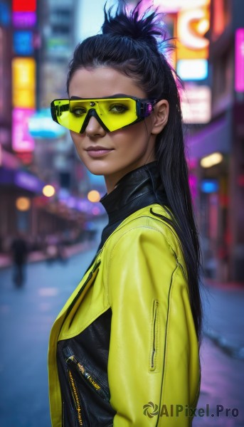 1girl,solo,long hair,breasts,looking at viewer,smile,black hair,closed mouth,jacket,upper body,outdoors,glasses,dark skin,blurry,from side,dark-skinned female,lips,makeup,depth of field,blurry background,sunglasses,zipper,realistic,nose,yellow jacket,tinted eyewear,dreadlocks,hair ornament,night,feathers,city,road,cyberpunk