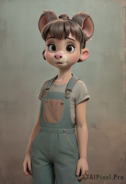 1girl,solo,looking at viewer,blush,smile,short hair,open mouth,bangs,brown hair,shirt,1boy,animal ears,brown eyes,standing,white shirt,short sleeves,male focus,cowboy shot,hairband,artist name,signature,flat chest,child,grey shirt,furry,brown background,mouse ears,furry female,arms at sides,overalls,male child,buck teeth,lips,t-shirt,extra ears,blue overalls