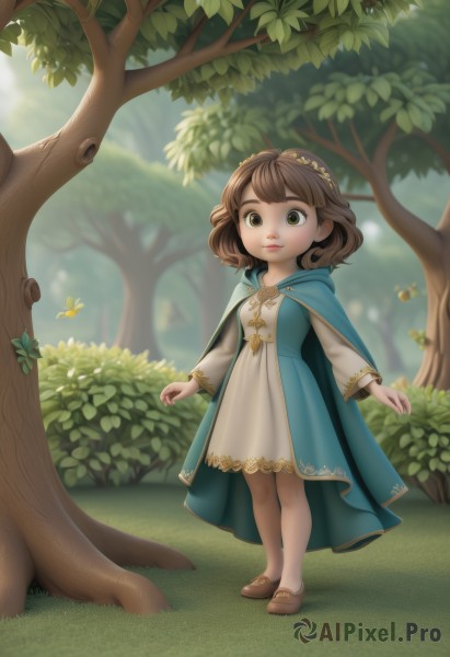 1girl,solo,short hair,brown hair,long sleeves,dress,brown eyes,standing,full body,hairband,outdoors,shoes,day,hood,cape,white dress,blurry,tree,lips,brown footwear,grass,bug,butterfly,child,nature,cloak,forest,female child,looking at viewer,hair ornament