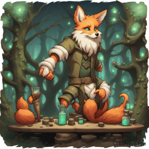 solo,1boy,green eyes,standing,tail,male focus,belt,artist name,signature,tree,fox tail,bottle,nature,furry,forest,colored sclera,rock,furry male,vial,potion,animal ears,closed mouth,jacket,outdoors,pants,orange hair,fur trim,fox ears,watermark,table,multiple tails,claws,sleeves rolled up,lantern,green jacket,brown belt,white fur,scroll,fox,brown fur,test tube,flask