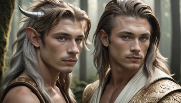 long hair,looking at viewer,blue eyes,brown hair,closed mouth,white hair,grey hair,male focus,outdoors,multiple boys,horns,pointy ears,2boys,armor,blurry,lips,grey eyes,blurry background,facial hair,portrait,nature,beard,forest,realistic,nose,brown eyes,upper body,elf,close-up