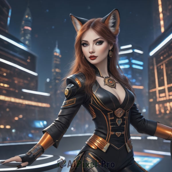 1girl,solo,long hair,breasts,looking at viewer,large breasts,brown hair,gloves,long sleeves,animal ears,cleavage,brown eyes,jewelry,medium breasts,cowboy shot,earrings,outdoors,black gloves,pants,artist name,cat ears,fingerless gloves,necklace,nail polish,blurry,lips,fox ears,bodysuit,makeup,night,blurry background,lipstick,building,black nails,night sky,eyeshadow,city,black bodysuit,red lips,skyscraper,city lights,smile,bangs,blue eyes,closed mouth,standing,fingernails,parted bangs,grey eyes,black pants,forehead,realistic,sharp fingernails,cityscape