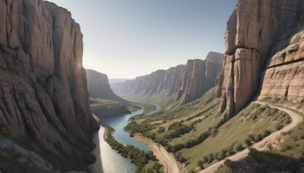 outdoors,sky,day,water,tree,blue sky,no humans,grass,nature,scenery,forest,mountain,river,landscape,lake,cliff,rock,fantasy,road,path