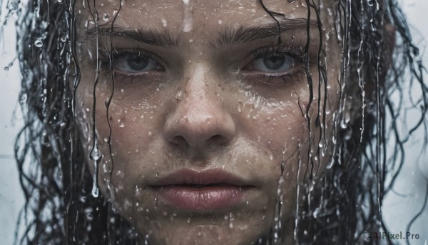 1girl, solo, long hair, looking at viewer, black hair, closed mouth, water, black eyes, lips, wet, eyelashes, portrait, close-up, water drop, realistic, nose, wet hair