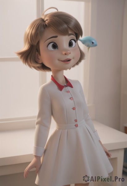 1girl,solo,smile,short hair,open mouth,bangs,brown hair,long sleeves,dress,brown eyes,standing,ahoge,cowboy shot,parted lips,teeth,indoors,white dress,black eyes,lips,window,buttons,bird,child,female child,blush,artist name,see-through,animal,freckles,fish,nose