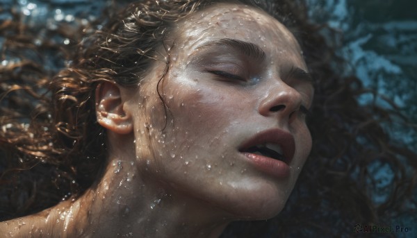 1girl,solo,long hair,open mouth,brown hair,1boy,closed eyes,nude,teeth,water,mole,blurry,lips,wet,mole under eye,upper teeth only,portrait,close-up,freckles,realistic,nose,wet hair,jewelry,male focus,earrings,parted lips,shiny,artist name,eyelashes,blurry background,water drop