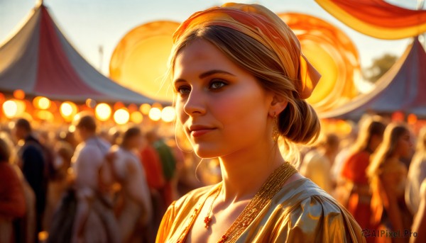 HQ,1girl,looking at viewer,brown hair,brown eyes,jewelry,closed mouth,upper body,earrings,outdoors,solo focus,necklace,hair bun,blurry,lips,depth of field,blurry background,single hair bun,portrait,lantern,realistic,nose,paper lantern,crowd,festival,solo,hairband,backlighting