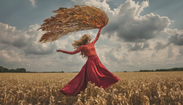 1girl,solo,long hair,blonde hair,brown hair,long sleeves,dress,standing,flower,outdoors,sky,day,cloud,from behind,arm up,blue sky,floating hair,red dress,sunlight,cloudy sky,wind,scenery,long dress,field,wide shot,wheat,medium hair,arms up,bird,animal,dancing