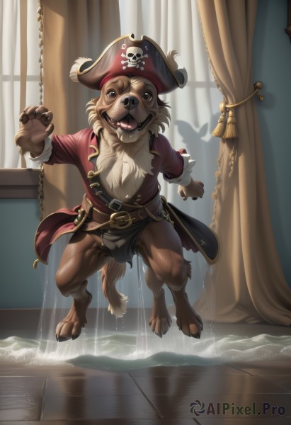 solo,open mouth,1boy,hat,standing,tail,full body,weapon,male focus,belt,indoors,water,window,curtains,furry,furry male,pirate hat,pirate,looking at viewer,brown eyes,teeth,artist name,no humans,fangs,watermark,web address,claws,company name