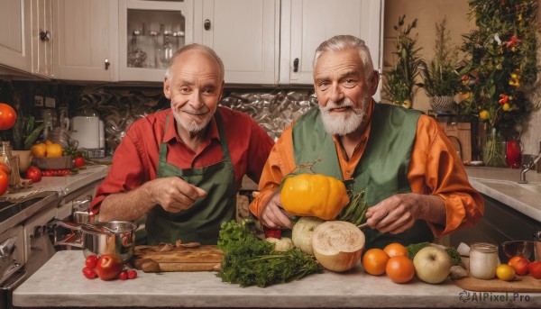 smile,open mouth,shirt,long sleeves,holding,white hair,grey hair,male focus,food,multiple boys,necktie,collared shirt,indoors,2boys,apron,vest,cup,fruit,facial hair,table,knife,plant,pointing,red shirt,christmas,beard,drinking glass,realistic,green shirt,mustache,apple,carrot,bald,old,christmas tree,old man,orange (fruit),kitchen,tomato,vegetable,sink,counter,green apron,lettuce,wrinkled skin,onion,looking at viewer,blue eyes,bottle,holding food,towel,sleeves rolled up,basket,holding knife,pumpkin,bread,orange shirt,refrigerator,faucet,potato,cutting board,radish